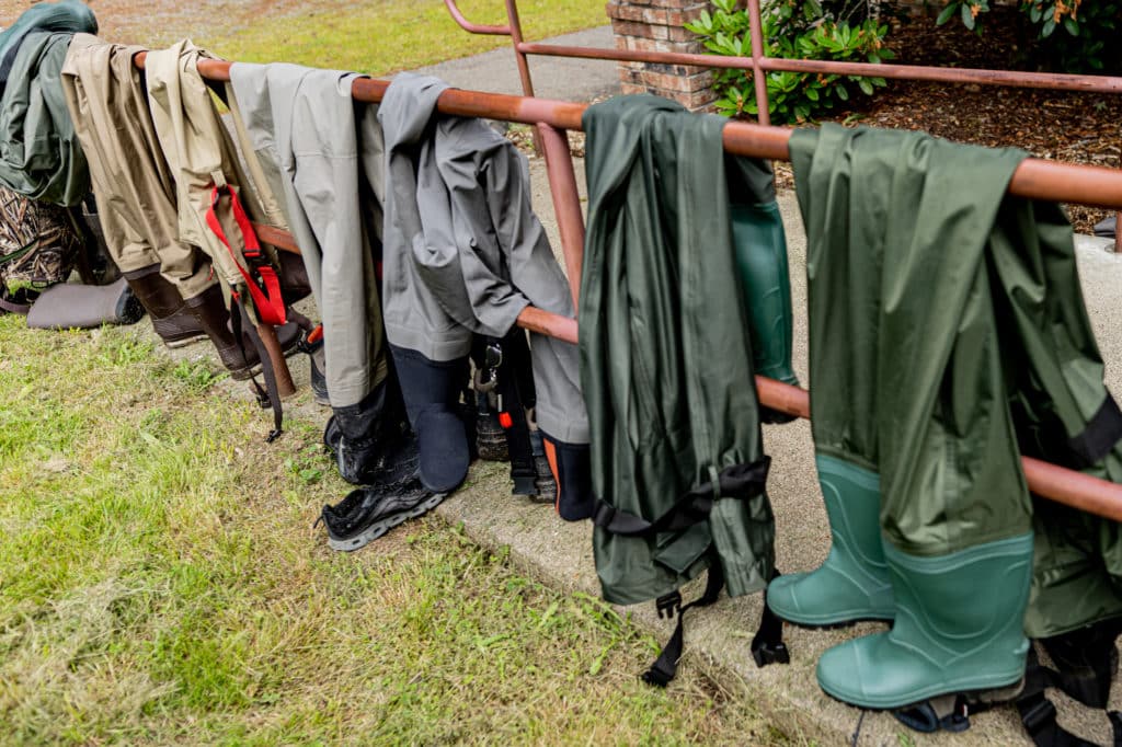 fly waders hanging up to dry